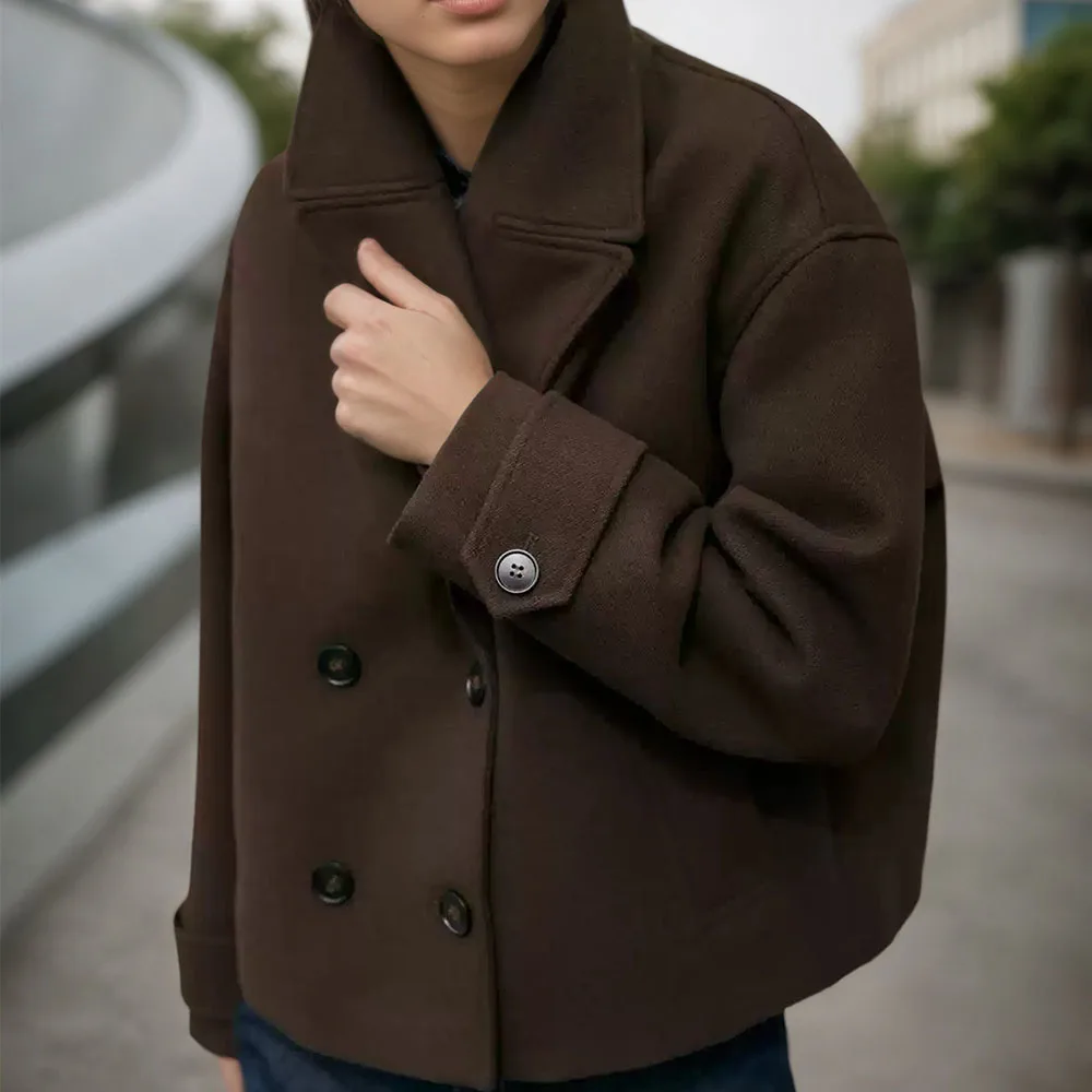 European and American style women's new button up lapel long sleeved double breasted short coat jacket