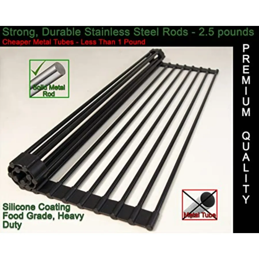 رف تجفيف قابل للطي أسود متعدد الأغراض 20.4 × 13.1 بوصة مع قضبان من الفولاذ المقاوم للصدأ الصلبة المطلية بالسيليكون لتجفيف الأطباق بكفاءة