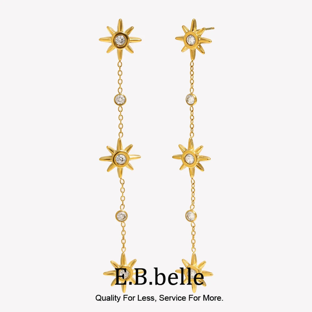 E.B.belle Sun Pattern Tassel Stud Earring With Small Rhinestone Sweet Design Eight-pointed Star Earring Hypoallergenic For Women