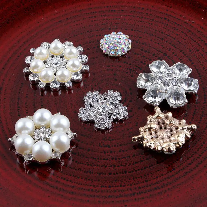 

(200pcs/lot) 6 Styles Newborn Clear Handmade Metal Rhinestone Pearl Buttons Artificial Alloy AB Crystal Flatback Wedding Button