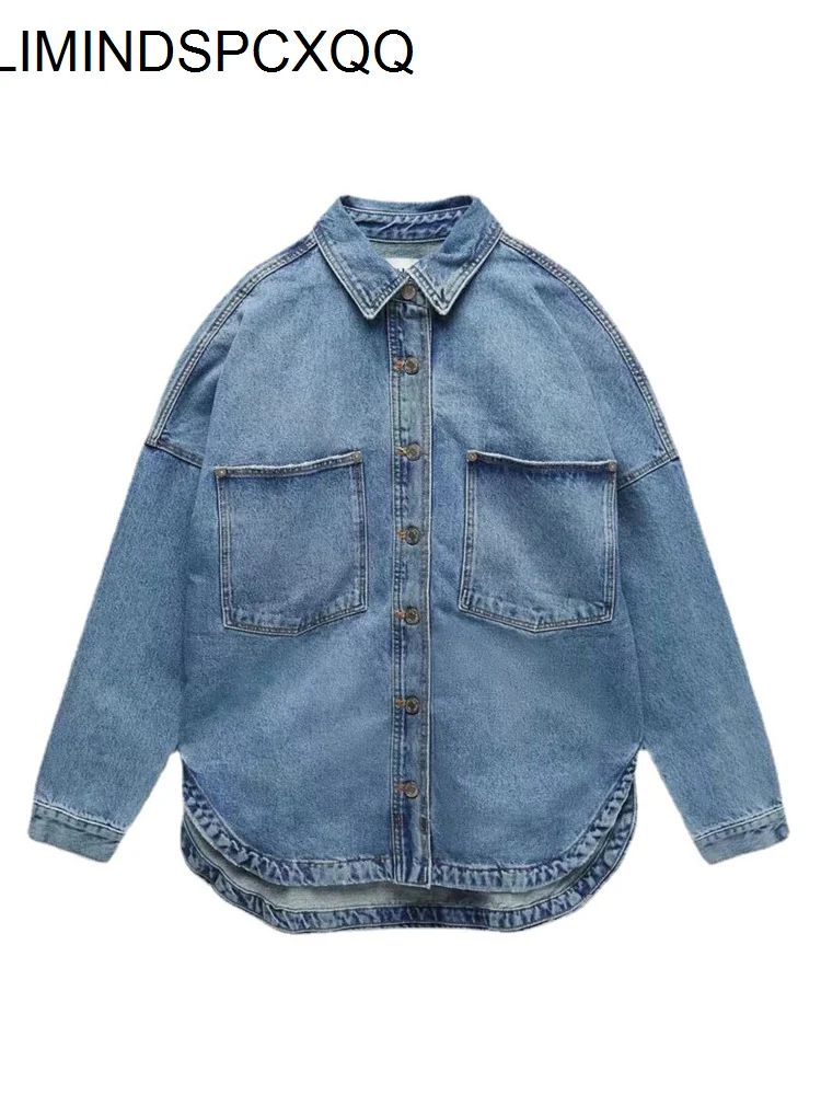 2023 Jean Jacket Female Clothes Loose Denim Coat Spring Women Solid Casual Shirt Jacket Blue Clothing Big Pocket