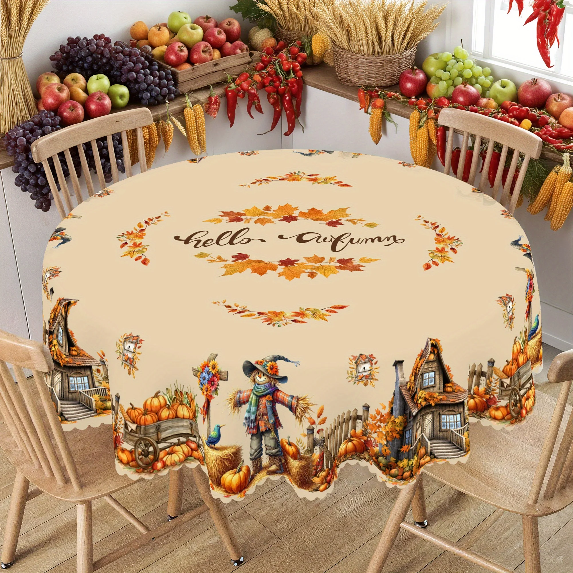 One Thanksgiving tablecloth - Autumn decoration, featuring scarecrows, pumpkins and cottage patternszyc