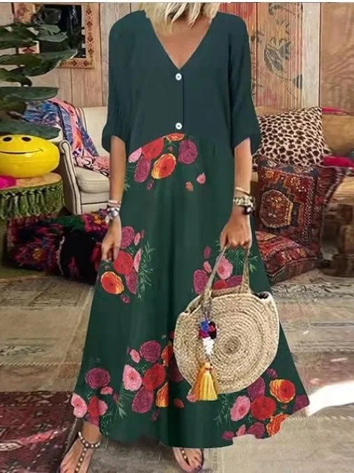 Dames ort Sve V-Ne bedrukte jumpsuit lange rok Dr Street Sle losse taille gebreid polyestervezel zomer Dr