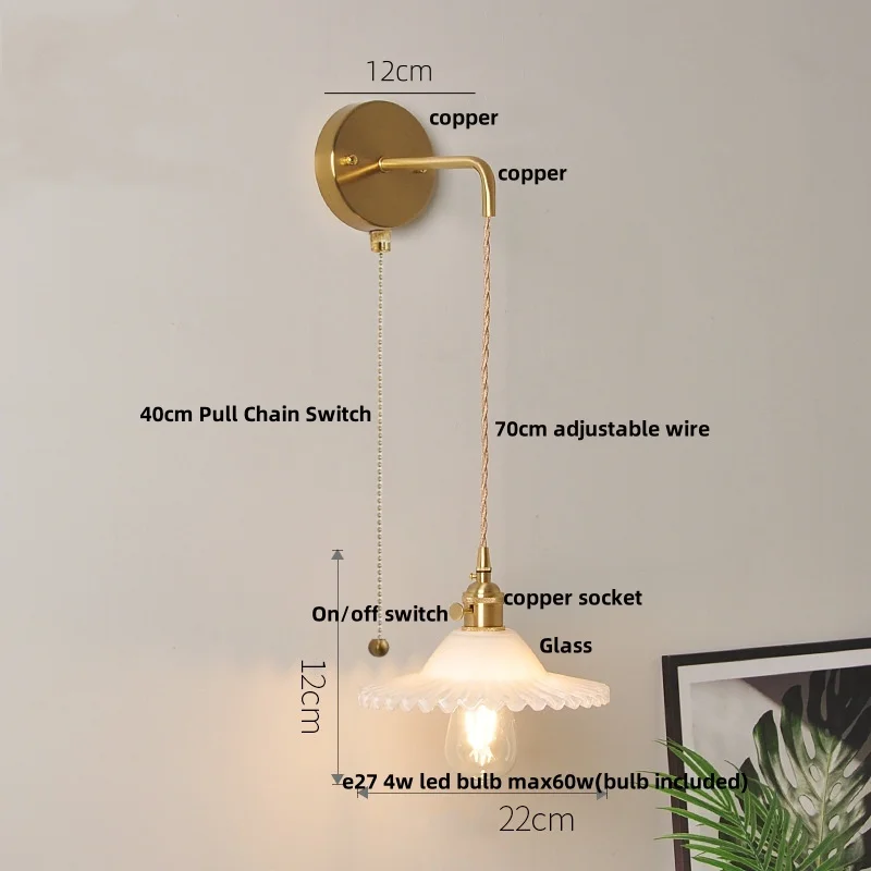 IWHD White Glass LED Wall Lamp Pull Chain Switch Living Room Reading Kitchen Nordic Modern Wire Adjustable Bathroom mirror Light