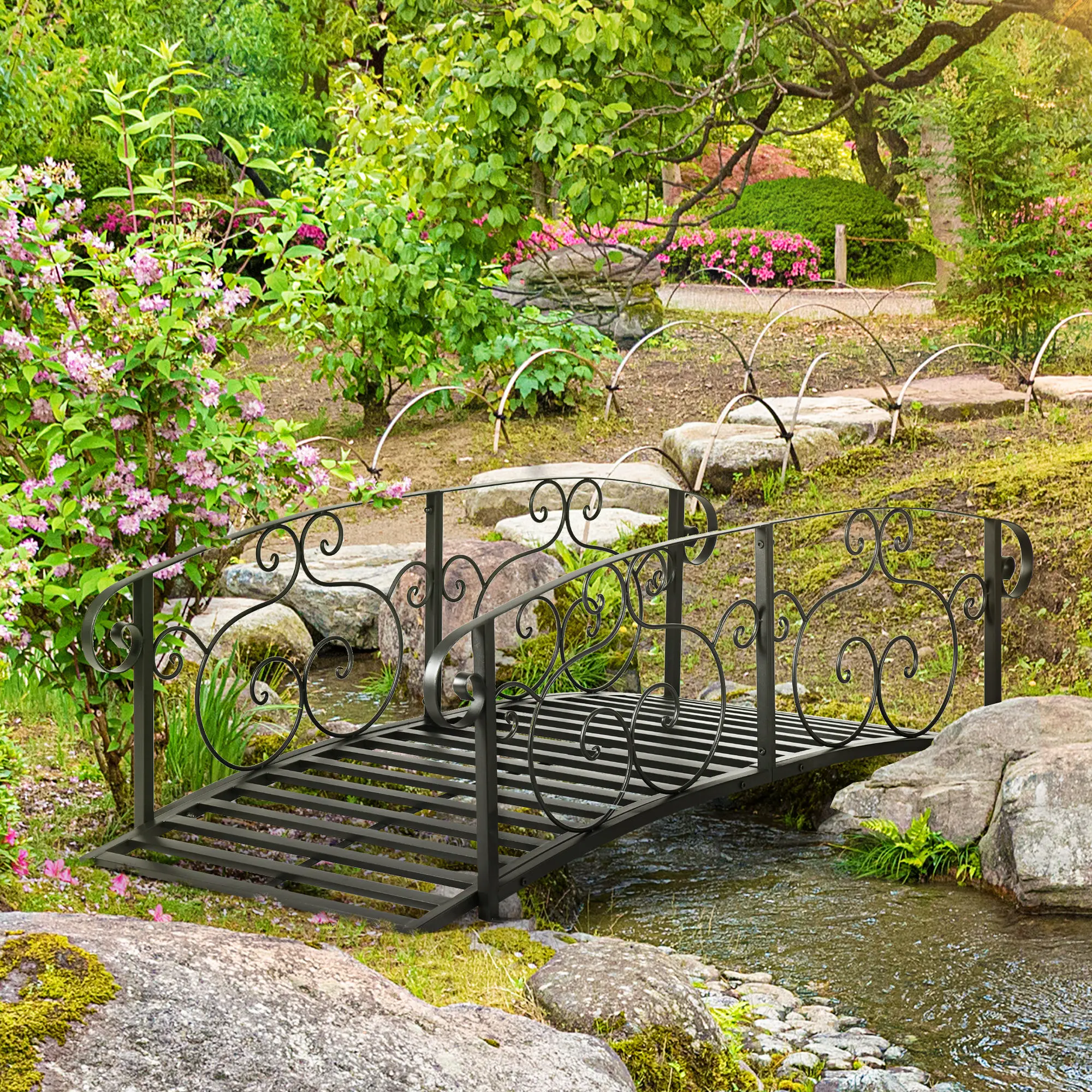 6FT Garden Bridge with Safety Rails Decorative Pond Bridge, Black