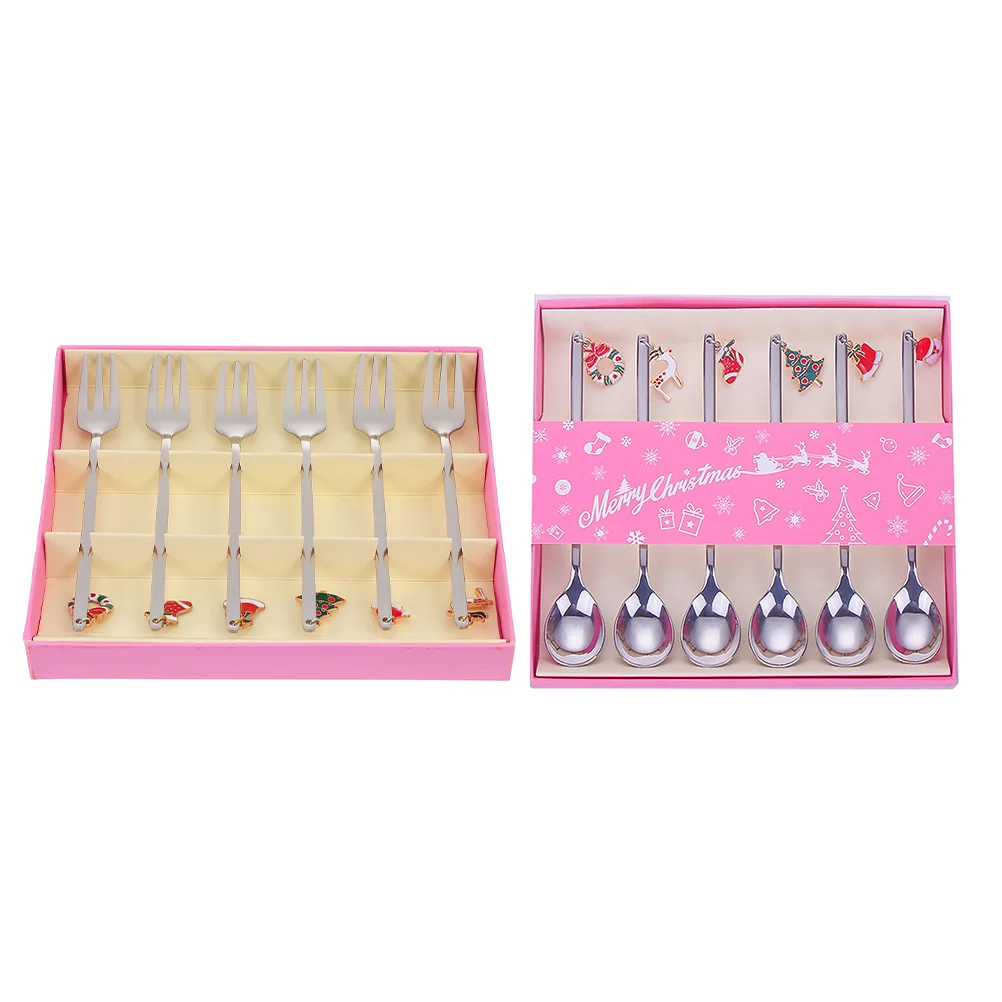 

1 set 1 set Christmas Pattern Spoons Forks Kit Coffee Scoops Dessert Ice Cream Kitchen Utensils Household Decorative Cutlery