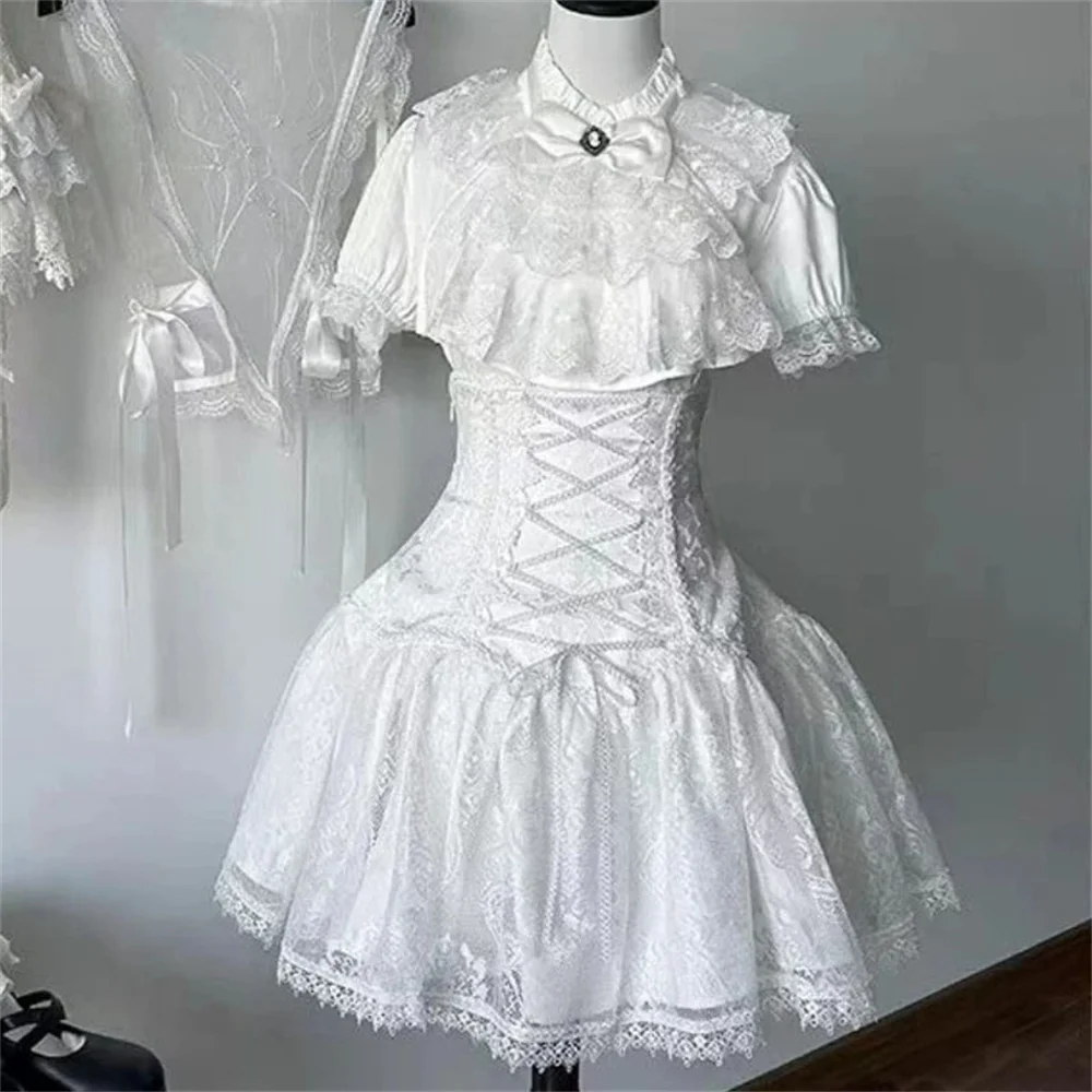 

Косплей со стразами и бантом в японском готическом стиле, комплект с юбкой, женская милая кружевная рубашка с оборками, тонкая повязка, мини-юбка, наряды Лолиты Y2k