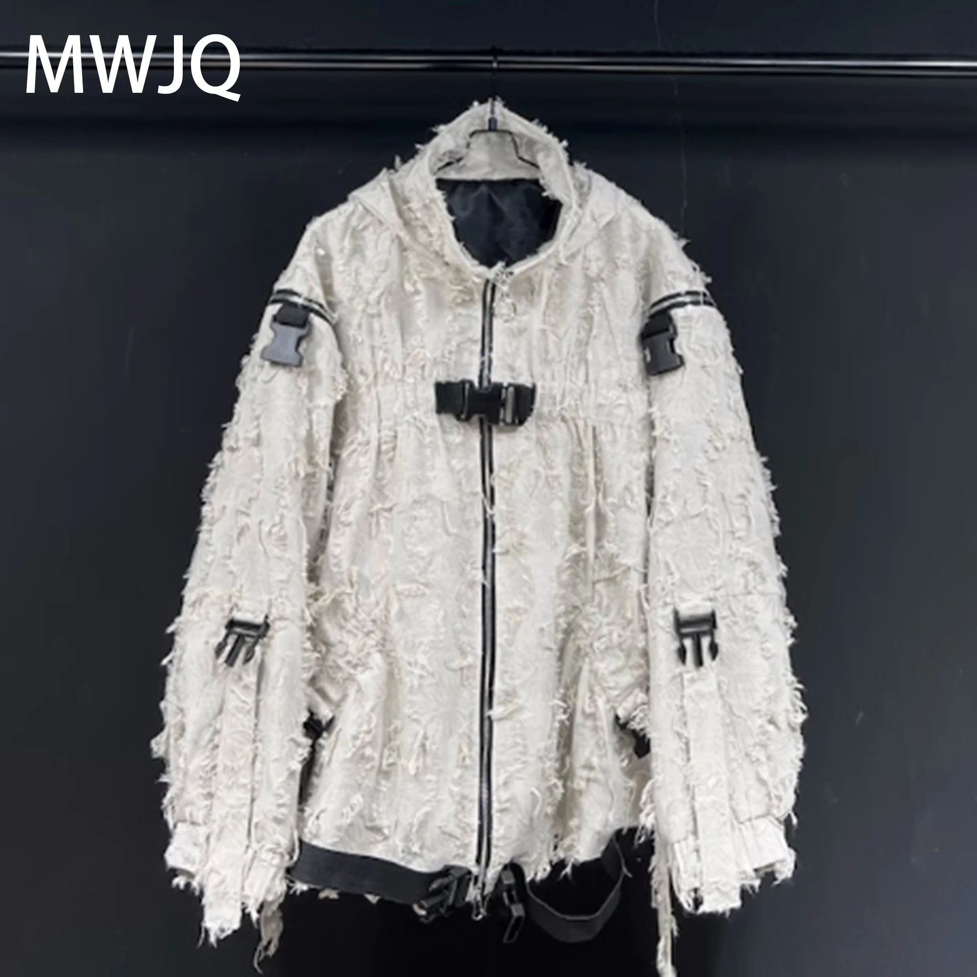 

MWJQ Rough Edge Stand Collar Male Hooded Jacket High Street Oversized Distress Retro Lace Up Hiphop Y2K Tops 2025 Autumn 010413