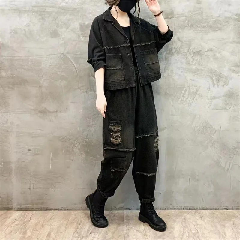 

2024 New Autumn Artistic Style Mom's Fashion Denim Set Women Spring Autumn Short Coat Loose Western Casual Jeans Two Piece Set