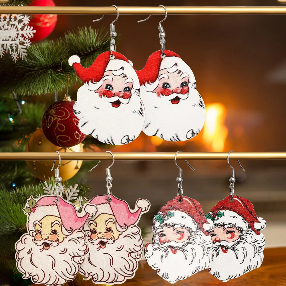 6 Pcs Fashion ClausSanta Claus Cartoon Personality Wooden Earrings Women Party Christmas Gift Jewelry