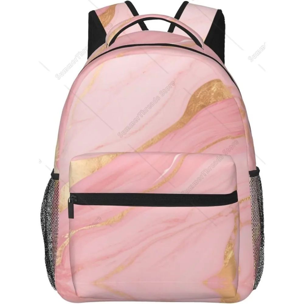 

Daypack Anti-Theft Multipurpose Large Capacity Shoulder Bag - Pink Golden Marble Texture Art Travel Hiking & Camping Rucksack