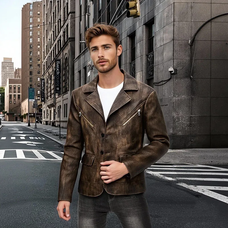 

Men Leather Jacket Autumn Men's Casual Blazer PU Leather Jacket Suit Lapel Coat Mens Spring Fashion Retro Business Jackets Male