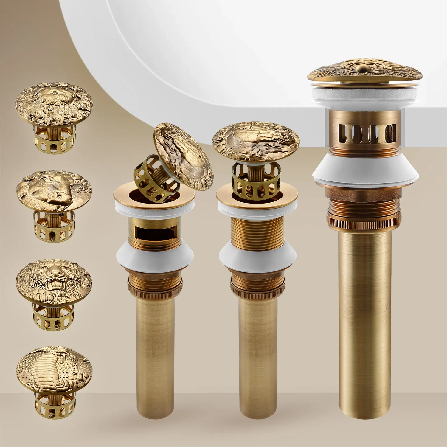Basin Sink Pop Up Drain with the Twelve Chinese Zodiac Signs Carving Antique Brass Bathroom Retro Washbasin Accessories