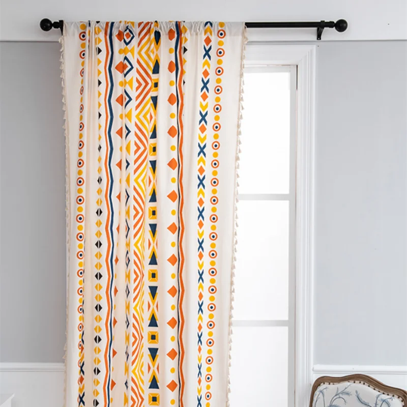 Bohemian Style Cotton Linen Printed Curtains with Tassels Multi-Color Semi-Blackout Fabric for Home Decor