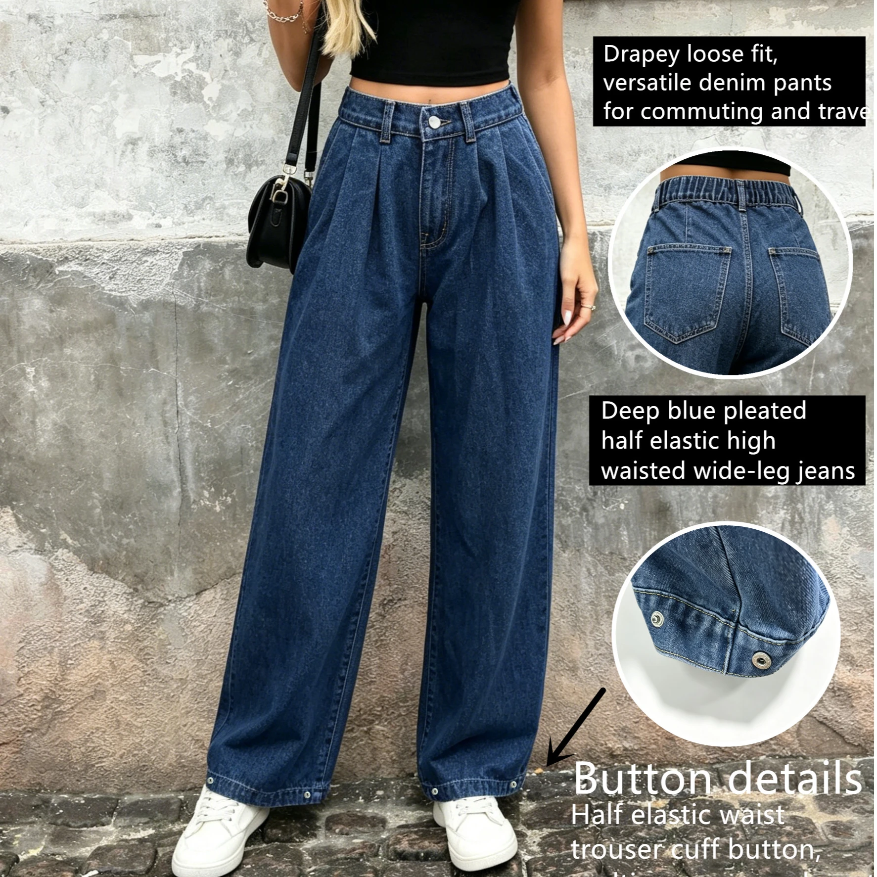 Women's Jeans High Waist Loose Fit Casual Denim Wide Leg Pants With Elastic Waist Women's Pants