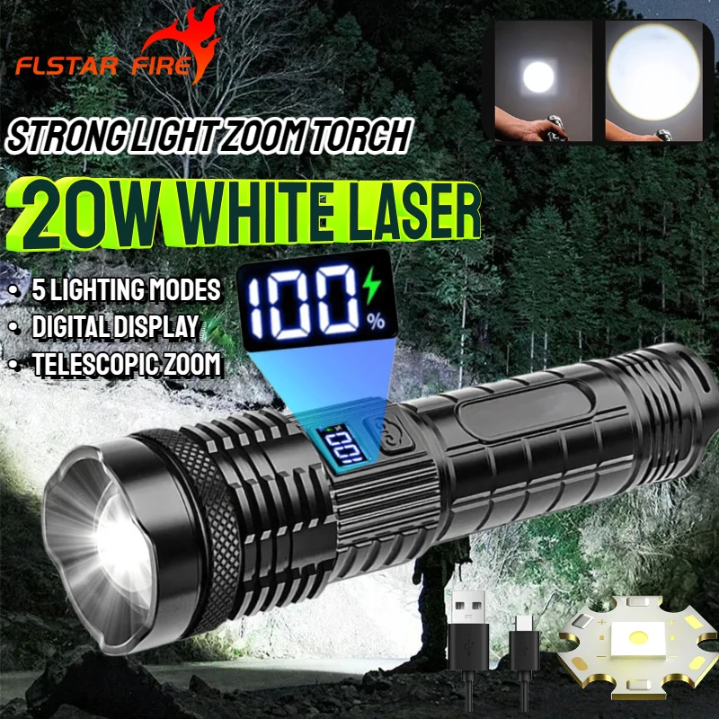 20W biały laser potężne ładowanie przez USB przenośna latarka LED 18650 bateria 5 trybów zewnętrzna awaryjna latarka kempingowa