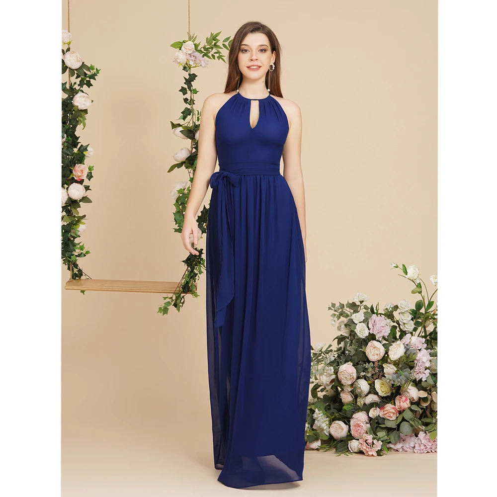 Halter Hollow Out Chiffon Bridesmaid Dresses Draped With Bow Belt Elegant Maxi Formal Evening Party Prom Gowns Vestido De Festa