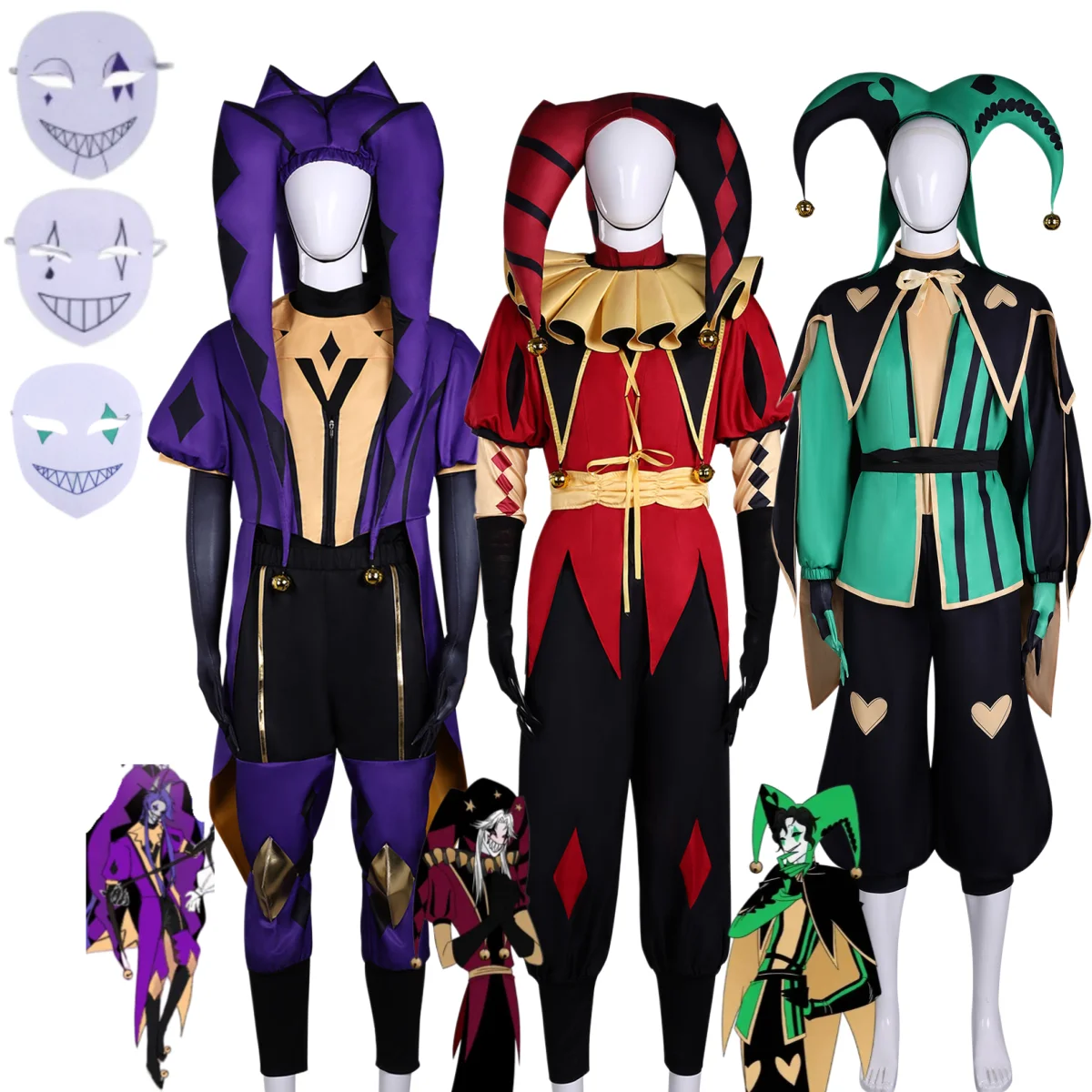 

Horror Game Jester Pierrot Harlequin Cosplay Costume Clown Purple Red Green Uniform Hat Man Woman Halloween Christmas Suit