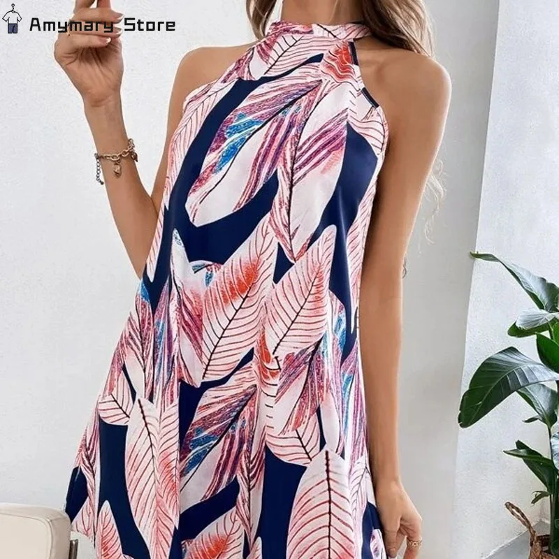 

Bohemian Women's Off-shoulder Sleeveless Dress Fashion Chic Printed Mini Dress Holiday Beach Sundress Women Clothing 2024 New