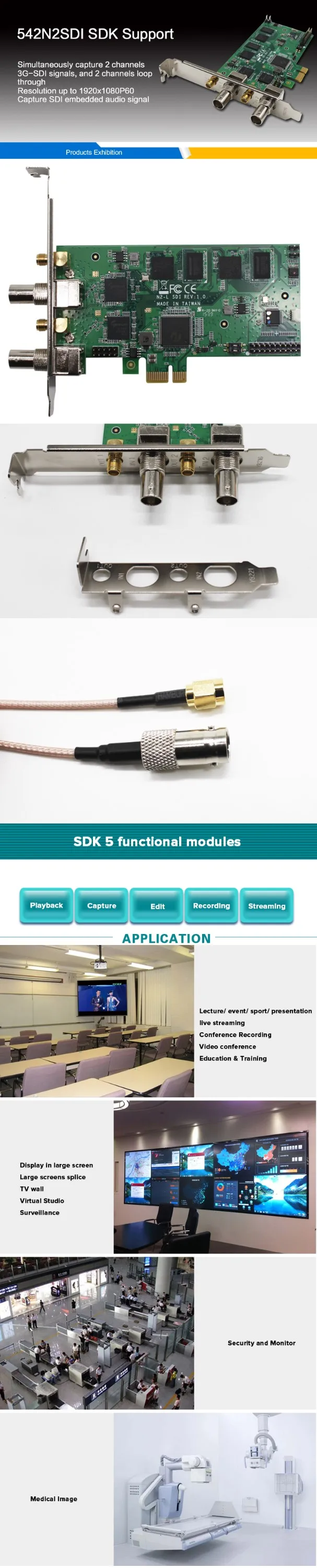 2channels 3G-SDI Video Capture Card With Loop Through 1080P60 PCIE SDK Support H264 For Video Streaming Game Capture