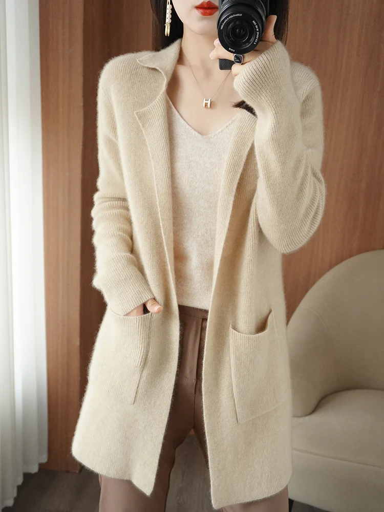 

Cashmere Sweater Ladies Lapel Cardigan Spring and Autumn New Buttonless Jacket Casual Knitted Loose Korean Fashion Pure Wool Top