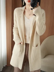 Cashmere Sweater Ladies Lapel Cardigan Spring and Autumn New Buttonless Jacket Casual Knitted Loose Korean Fashion Pure Wool Top