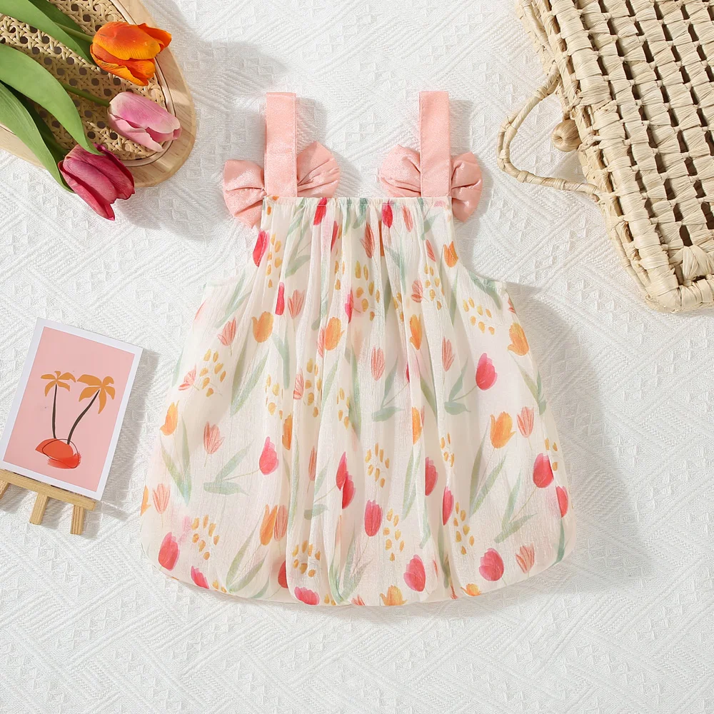 Summer New Girl Baby Dress with Bow and Sleeveless Puff Dress Handdrawn Tulip Sweet Princess Dress (0-3 Years Old)