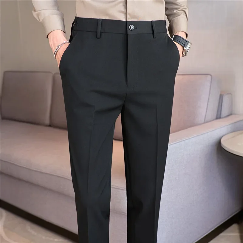 Men Suit Pants 2024 Autumn New British Style Elastic Waistband Slim Fit Solid Business Casual Formal Dress Trousers Men Clothing