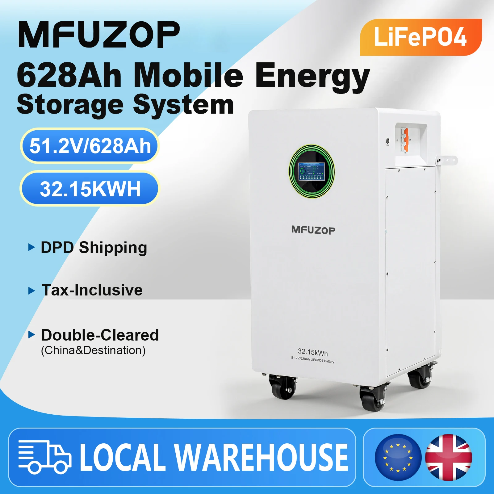 MFUZOP 51.2V 628Ah LiFePO4 Battery Pack 32.15kWh Energy Storage System