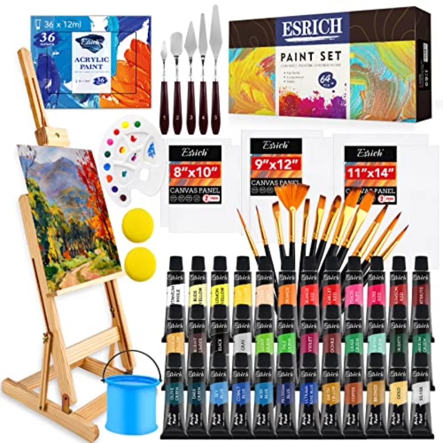 

Acrylic Paint Set, 64PCS Painting Supplies with Wooden Easel, Brushes, 36 Colors Acrylic Paint, Canvases, Palette, Paints Knive