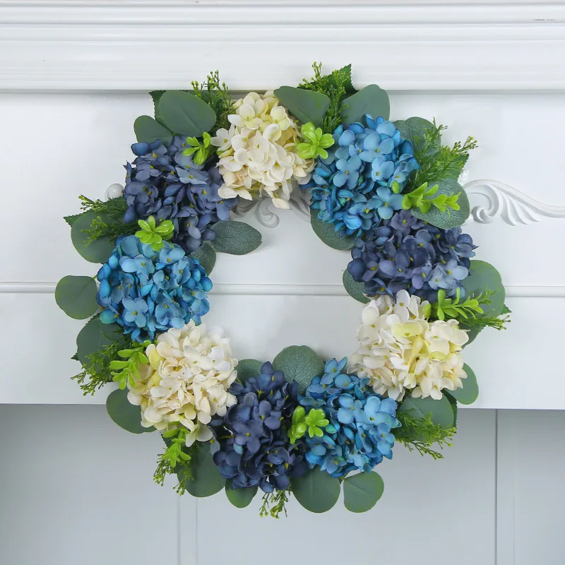 Simulation Blue and White Hydrangea Wreath Hanging Decorations Dead Branch Rattan Circle Arrangement Decoration Wall Hanging