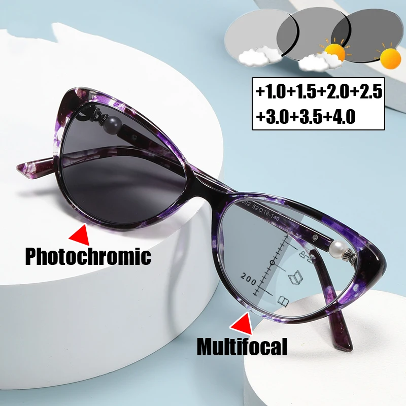 

Ladies Fashion Multifocal Presbyopia Glasses Luxury Cat Eye Outdoor Anti-UV Eyeglasses Prescription Photochromic Bifocal Eyewear