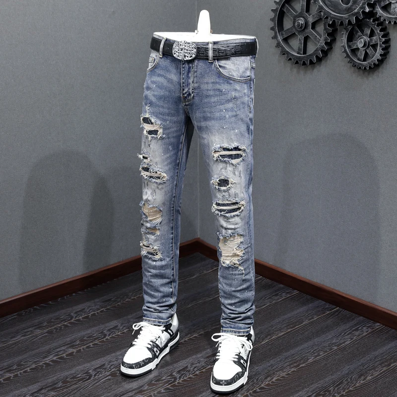 High Street Fashion Men Jeans Retro Blue Stretch Skinny Fit Painted Ripped Jeans Men Patched Designer Hip Hop Brand Denim Pants