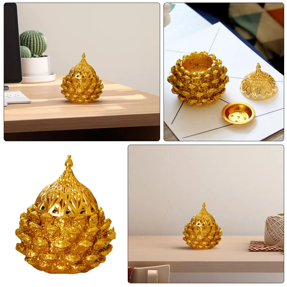 

Golden Pinecone Incense Burner Vintage Resin Charcoal Bakhoor Cone Holder Aromatherapy Ornament For Home Office Spa Decoration