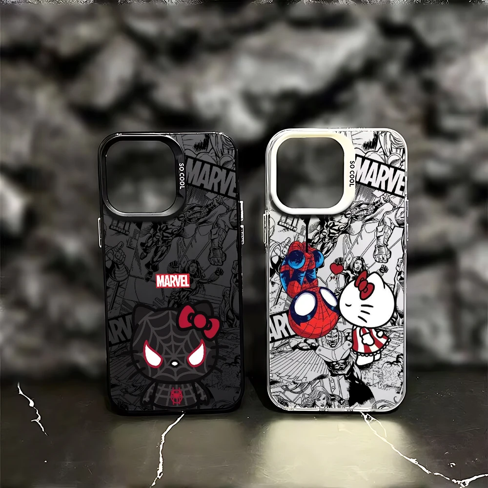 Cute Hello Kitty Kiss Spiderman Phone Case For iPhone 16 15 14 13 12 11 Pro Max X MAX 8 7 Plus Candy Matte Shockproof Back Cover