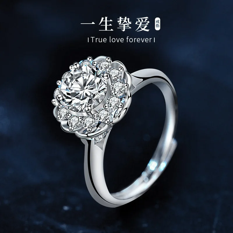 1 carat moissanite diamond ring, 925 sterling silver round ring, women's adjustable ring, in-stock wholesale jewelry