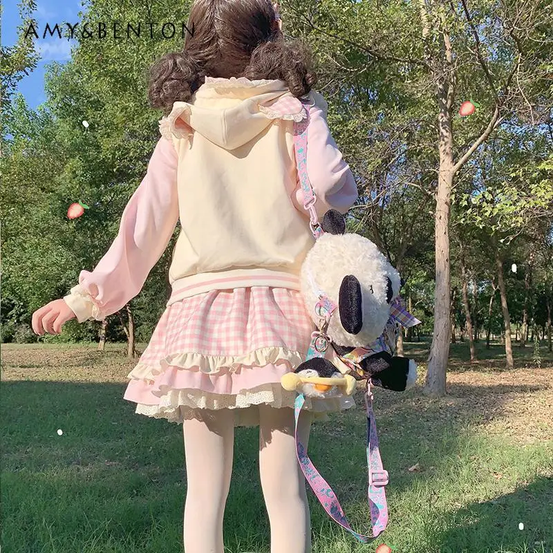 Spring Autumn Sweet Girl Lotus Leaf Edge Patchwork Cartoon Embroidered Hooded Jacket Plaid Mini Skirt Lolita Two-piece Women