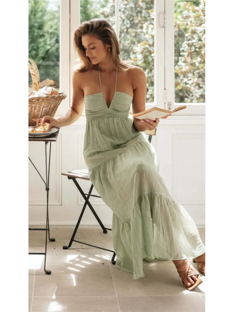 レディース サマー新作 ホルターネック Vネック ノースリーブ 花柄 フローイ Aライン マキシ丈ワンピース ボヘミアン バックレス パゲッティストラップ ロング ビーチドレス