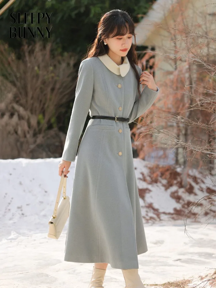 

Elegant Wool-Like Long Dress Coat Vintage Winter Overcoat for Women Slim Fit Warm Dress with Waist Belt for Petite Stylish Look