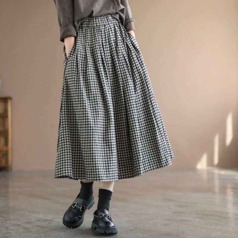 2026 Women's Skirt Vintage Spring/Summer Plaid Elastic Waist Mid Length A-line Skirt Female Long Skirts for Woman
