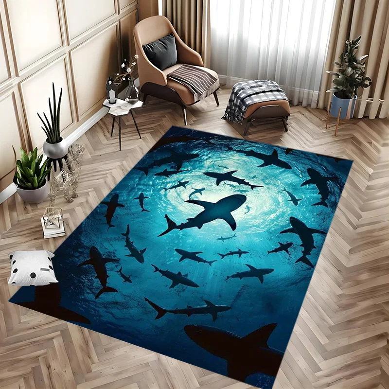 1pc 2D Flat Shark School Ocean Blue Underwater Flannel Area Rug Non Slip Marine Life Carpet For Living Room Bathroom Floor Decor