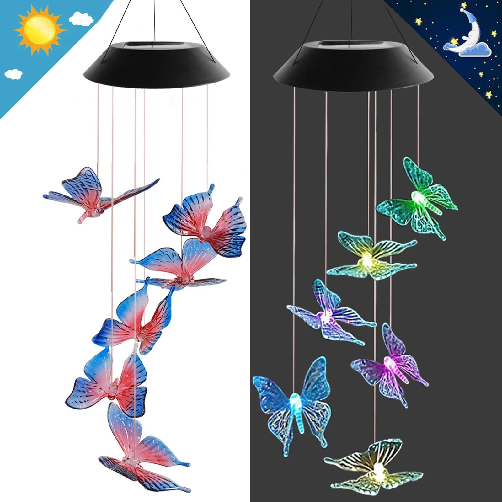 Solar Powered LED Fairy Light, ao ar livre, Wind Chime, IP65 impermeável, borboleta, colibri, lâmpadas de gramado, jardim, decoração do quintal