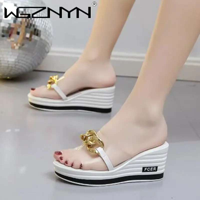 Women Wedges Mid Heels Slipper 2023 Summer New Chain Fashion Slides Transparent Sport Beach Dress Ladies Sandals Flip Flop Pumps