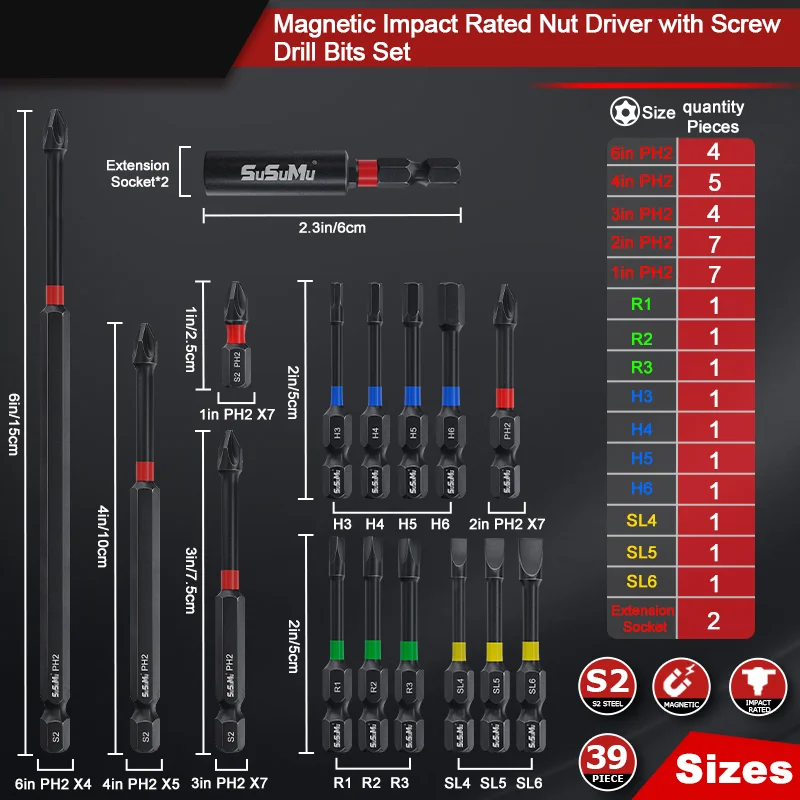 39pcs Screwdriver Bit Set Strong Torque Screwdriver Impact Driver Bit Set Non-slip Magnetic Batch Head Impact Screw Driver Bit