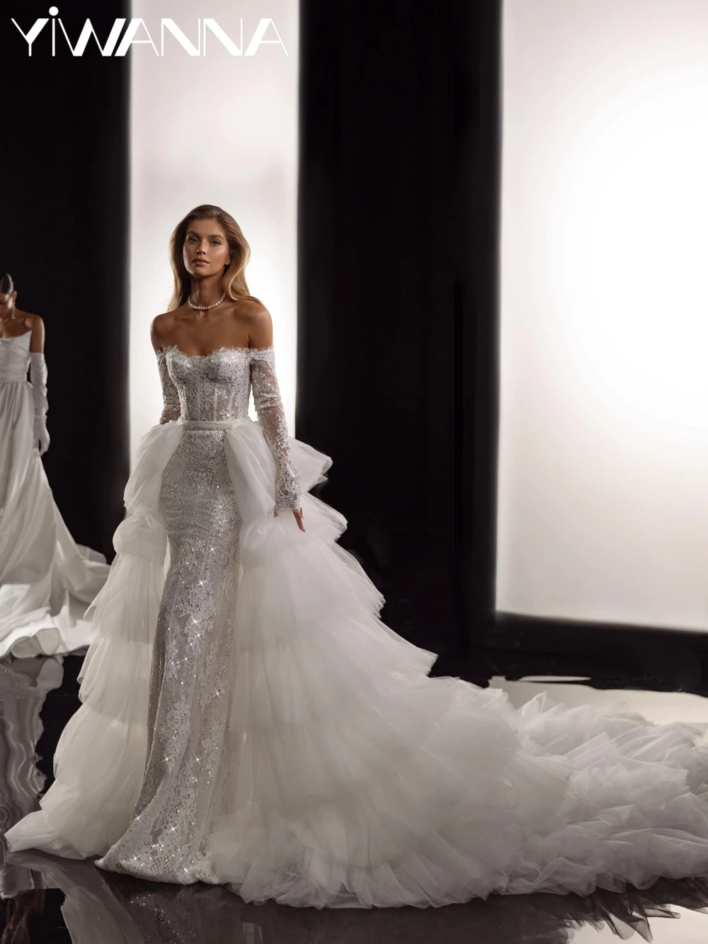 

Detachable Tiered Train Long Wedding Dress Sparkly Beaded Lace Mermaid Bridal Gown Customized Off Shoulder Dresses For Bride
