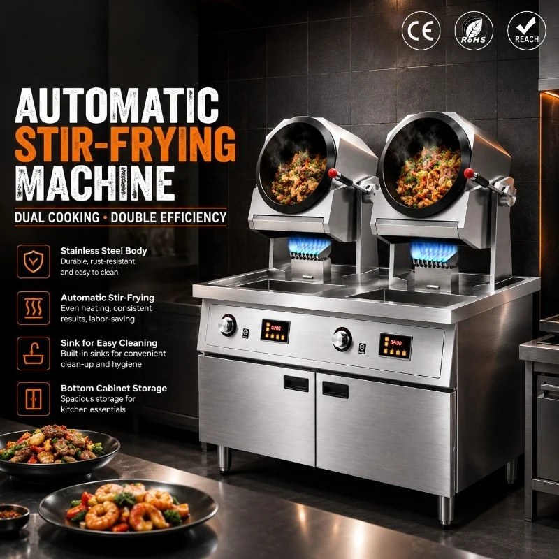 Automatic Food Processor Gas Commercial Cooking Machine Intelligent Rotary Stir Fry Wok Robot With Cabinet Base