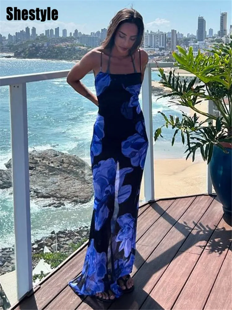 Shestyle الأزرق زهرة فستان طويل ملابس للنساء عارية الذراعين طبقة مزدوجة شبكة السباغيتي حزام ضمادة مرنة بلا أكمام الزي