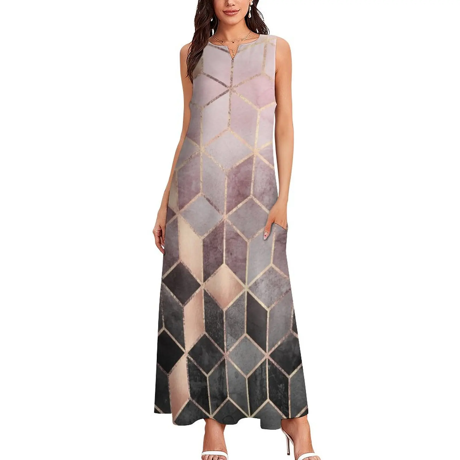 Pink And Grey Gradient Cubes Long Dress party dresses woman dress party night