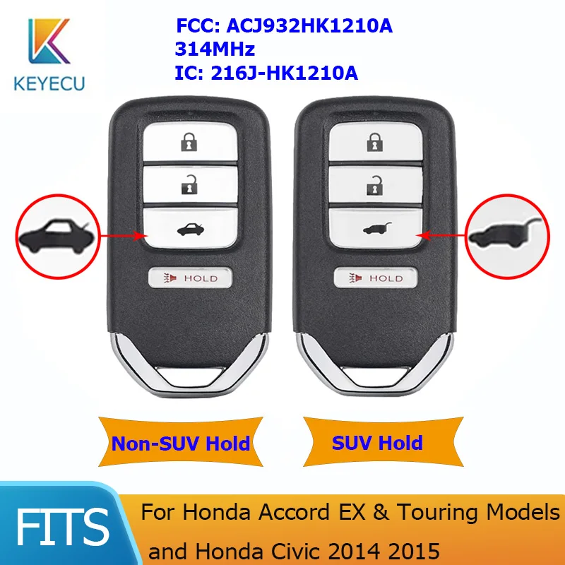 

KEYECU для Honda Accord Civic FCC:ACJ932HK1210A умный дистанционный Автомобильный ключ Замена 314 МГц 72147-T2A-A01 / A02 / A11 / A21