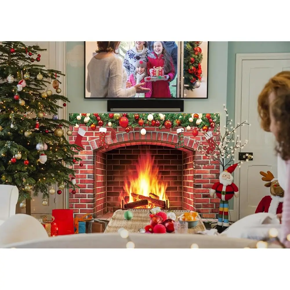 خلفية مدفأة عيد الميلاد ذات تأثير واقعي مسطح ثنائي الأبعاد، مع حضن متوهج وحطب محترق - زينة عيد الميلاد